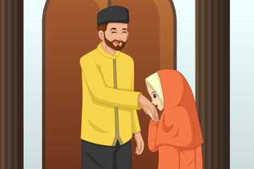 Wall Mural - Muslim Girl Kissing Her Father Hand