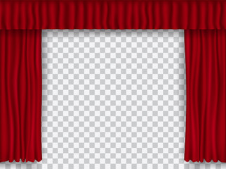 Beautiful red theatre folded curtain drapes on transparent background.