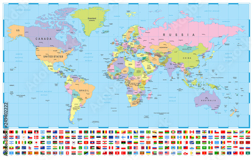 Nowoczesny obraz na płótnie World Map and Flags - borders, countries and cities -illustration