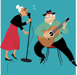 Wall Mural - Old lady singing and an old gentleman accompany her on a guitar, EPS 8 vector illustration