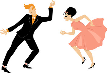 Wall Mural - Young couple dressed in 1960s fashion dancing retro style, EPS 8 vector illustration