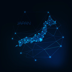 Japan map glowing silhouette outline made of stars lines dots triangles, low polygonal shapes.