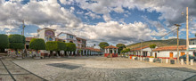 Panorama Panoramic View Of The Municipal Plaza In Ixcateopan De Cuauhtemoc. Main Streets In Guerrero. Travel In Mexico.