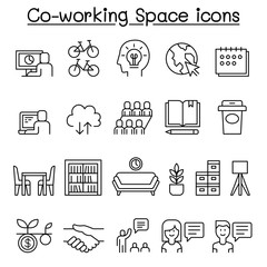 Wall Mural - Co-working space icon set in thin line style