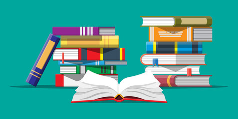 open book with an upside down pages and pile of books. reading, education, e-book, literature, encyc