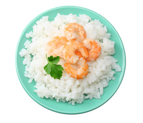 Wall Mural - White rice with shrimps in blue bowl isolated on white background. top view