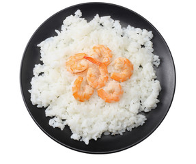 Wall Mural - White rice with shrimps in black bowl isolated on white background. top view