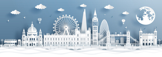 Fototapete - Panorama postcard and travel poster of world famous landmarks of London, England in paper cut style vector illustration