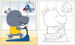 © Bhonard21 - Vector cartoon of hippo running on a treadmill with cockatoo, coloring book or page