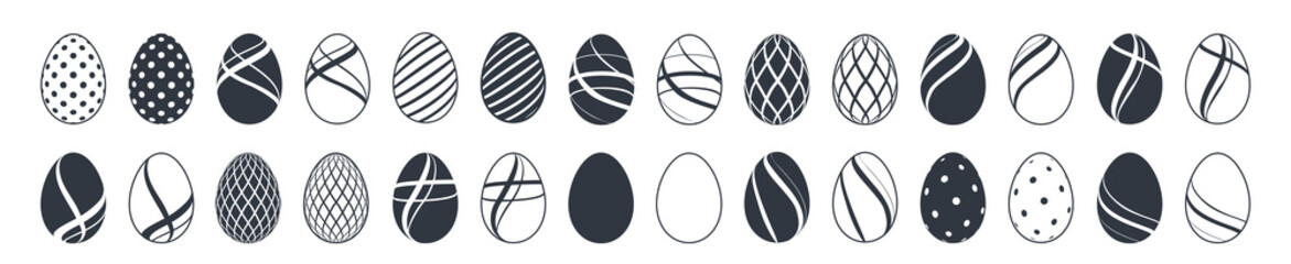 Wall Mural - Easter egg icons. Black eggs set, isolated white background. Simple design, decoration Happy Easter. Holiday decorative elements collection. Cute pattern ornament. Spring symbol. Vector illustration