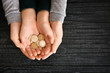 © Pixel-Shot - Hands of woman and his son holding coins on wooden table. Concept of child support