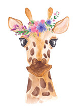 Watercolor Giraffe In Floral Wreath