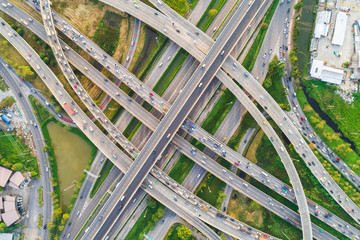 Aerial look down view intersection city transport road