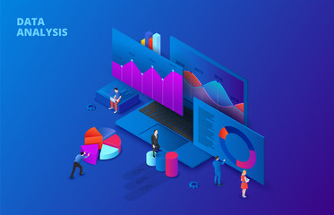 Poster - Isometric vector illustration. Data analysis concept with characters. Can use for web banner or infographics