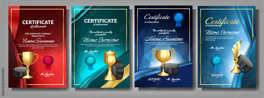Trophy Reference Ice Hockey Game Certificate Diploma With Golden Cup Set Vector. Sport ...