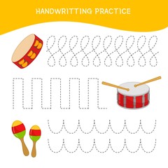 Poster - Handwriting practice sheet. Basic writing. Educational game for children.  Cartoon musical instruments.