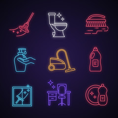 Canvas Print - Cleaning service neon light icons set