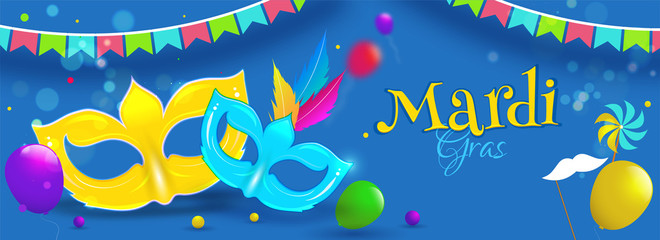 flat style party masks and balloons on blue background for mardi gras header or banner design.
