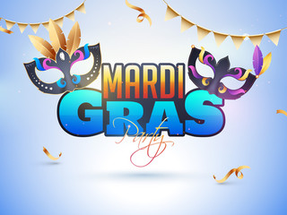 Wall Mural - Stylish lettering of Mardi Gras with party mask illustration on glossy blue background can be used as poster or banner design.