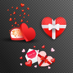 Wall Mural - Heart shape gift boxes and greeting card on black png background for valentine's Day celebration concept.