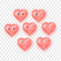 Wall Mural - Cute heart balloons with funny face expressions on transparent background.