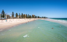 Distant View Of Glenelg Beach In Adelaide Suburb On Hot Sunny Summer Day In SA Australia
