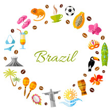 A Wreath Of Traditional Brazilian Elements. Vector Round Frame With Place For Text On The Theme Of Travel To Brazil.