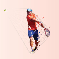 Sticker - Tennis player, isolated low poly vector illustration. Man playing tennis. Individual summer sport. Active people