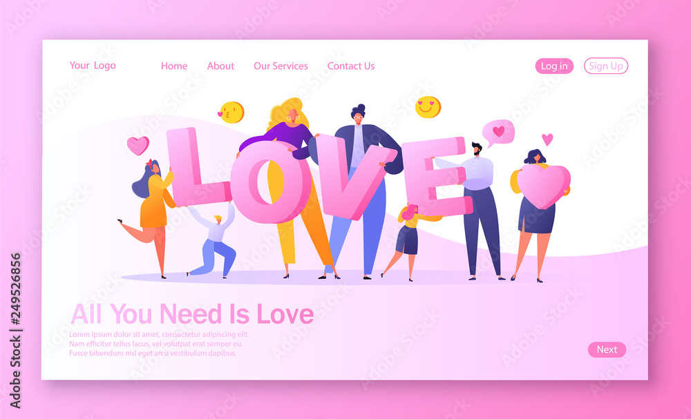 Concept of landing page on love story theme. Romantic vector illustration on love story theme. Happy flat people character holding large letters LOVE. Lifestyle concept on Valentine Day theme. - obrazy, fototapety, plakaty 