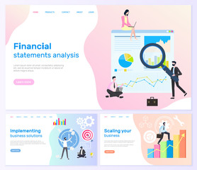 Scaling business and financial statistics websites set vector. Workers holding magnifying glass researching charts, infographics and schemes worldwide