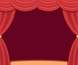 Stage red curtaines flat realistic with dark red background and brown floor
