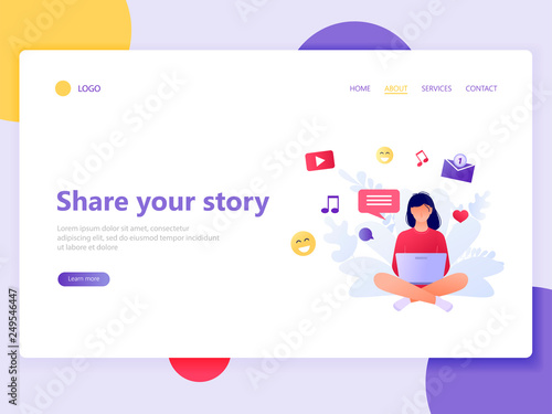 Landing Web Page Template Of Woman Sitting And Sharing Her Moments Share Your Story Social Media Networks Chatting Via Internet Work Online Flat Concept Vector Illustration For Web Page Website Stock Vector Landing Web Page Template Of Woman Sitting And Sharing Her Moments Share Your Story Social Media Networks Chatting Via Internet Work Online Flat Concept Vector Illustration For Web Page Website Stock Vector