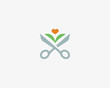 Scissors leaf logotype. Flower heart barber, landscape vector logo.