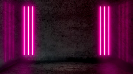 Wall Mural - Empty dark abstract room with pink fluorescent neon lights. Stage, scene and night club party concept background with copy space for text or product display.