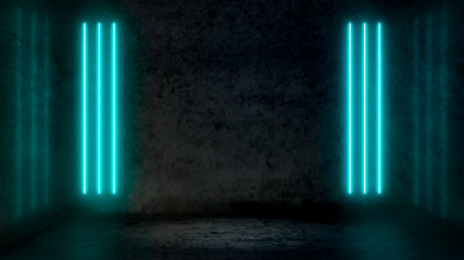 Wall Mural - Empty dark abstract room with pastel blue fluorescent neon lights. Stage, scene and night club party concept background with copy space for text or product display.