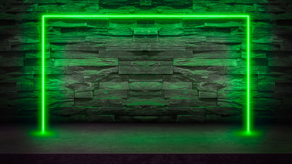 empty dark stone table with green fluorescent neon laser lights. party and night club concept backgr