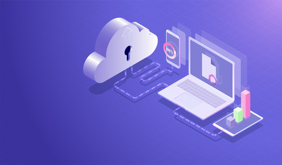 Wall Mural - isometric cloud data storage center and cloud computing concept, data transfer upload-download proce