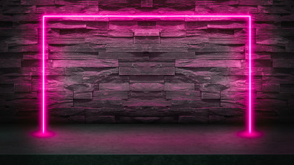 Wall Mural - Empty dark stone table with pink fluorescent neon lights. Party and night club concept background with copy space for text or product display.