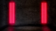 Empty Dark Abstract Room With Red Fluorescent Neon Lights. Stage, Scene And Night Club Party Concept Background With Copy Space For Text Or Product Display.