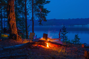 Wall Mural - Big night bonfire at the shore of the river in a forest glade, flames, sparks.