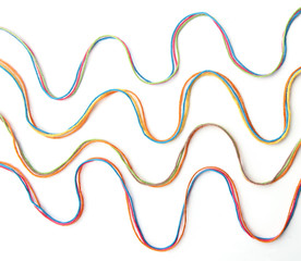 Wall Mural - set of colorful winding lines of cotton thread isolated on white background. different color pink, g