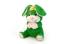Soft Toy Joyful Happy Green Bunny Sitting Isolated On White Background