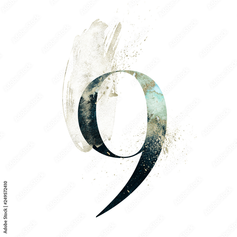 Abstract Number Font - textured digit 9 composition with brush stroke ...