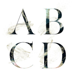 Abstract Alphabet Font Set - textured letters A, B, C, D composition with brush stroke. Unique collection for wedding invites decoration and many other concept ideas.