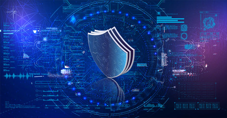Leinwandbilder - Safety concept, shields on digital background, cyber security, Blue abstract internet technology background illustration. Vector in style HUD UI GUI