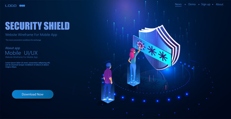 Leinwandbilder - Isometric people break into the password of data security. People in virtual reality glasses crack the password. Vector