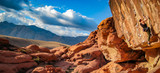Fototapeta Łazienka - man climbs red rock canyon in Nevada