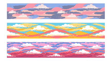 Wall Mural - A set of three pixel backgrounds. Bright sunset sky with clouds.