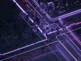 Neon light Futuristic city isometric view.Data base. Big data. Coding