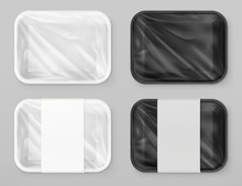 Food Polystyrene Packaging, White And Black. 3d Vector Realostic Mockup